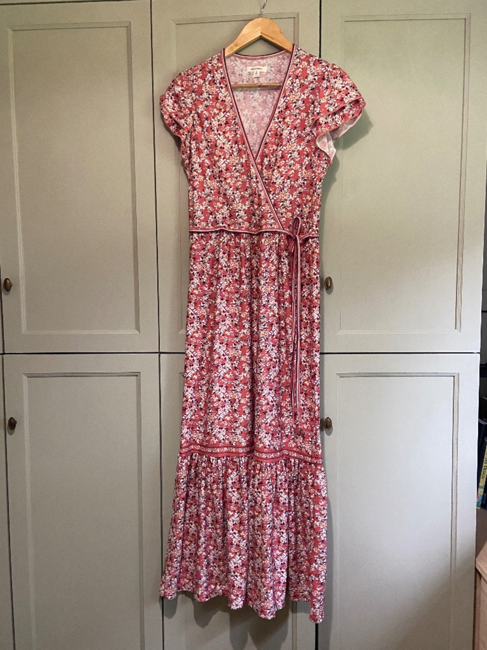 Pink floral maxi dress, faux wrap top, bow tie